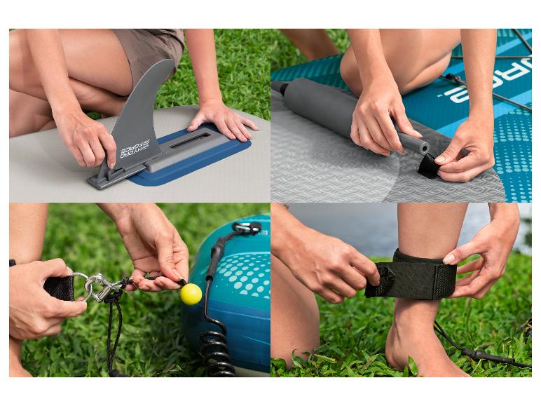Vorbereitung eines Hydro-Force SUP Boards: Finne, Paddel und Leash.