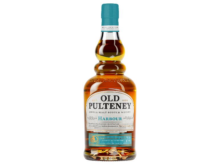 Flasche Single Malt Scotch Whisky, Old Pulteney Harbour, destilliert und gereift am Meer.
