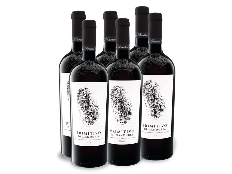 Sechs Flaschen Rotwein, Primitivo di Manduria, mit Fingerabdruckdesign.