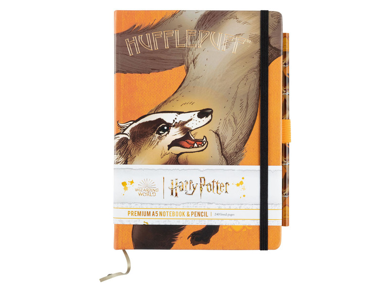 Harry Potter Notizbuch mit Hufflepuff-Design und passendem Stift.