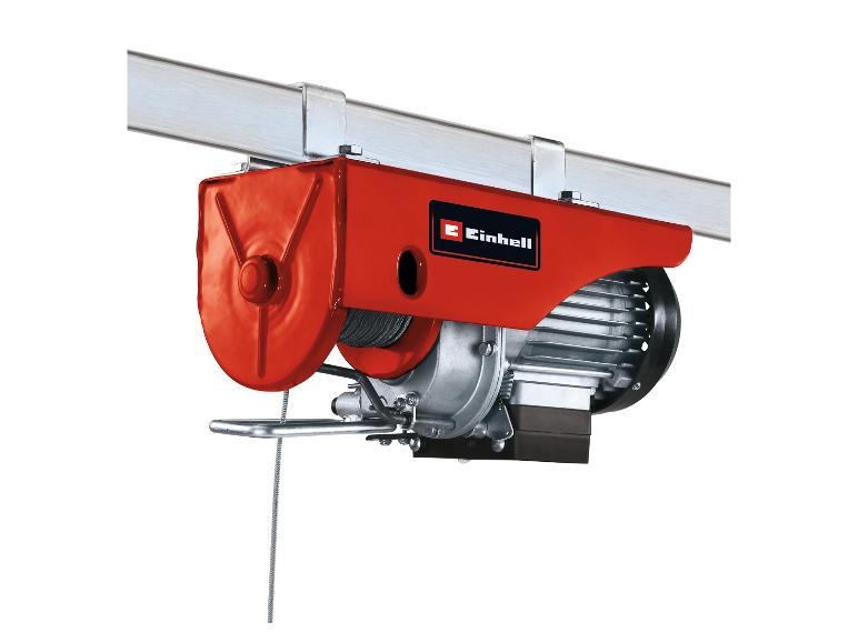 Roter elektrischer Seilzug mit Winde und Stahlseil, an einem Metallträger aufgehängt.