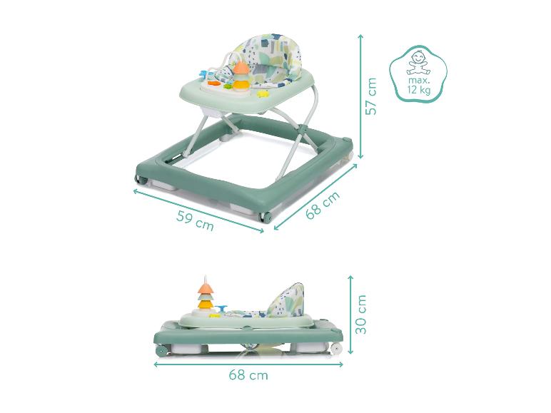 Grüner Baby-Lauflernwagen mit Spieltisch, Maße 57x68x59 cm und zusammengeklappt 30x68 cm, max. 12 kg.