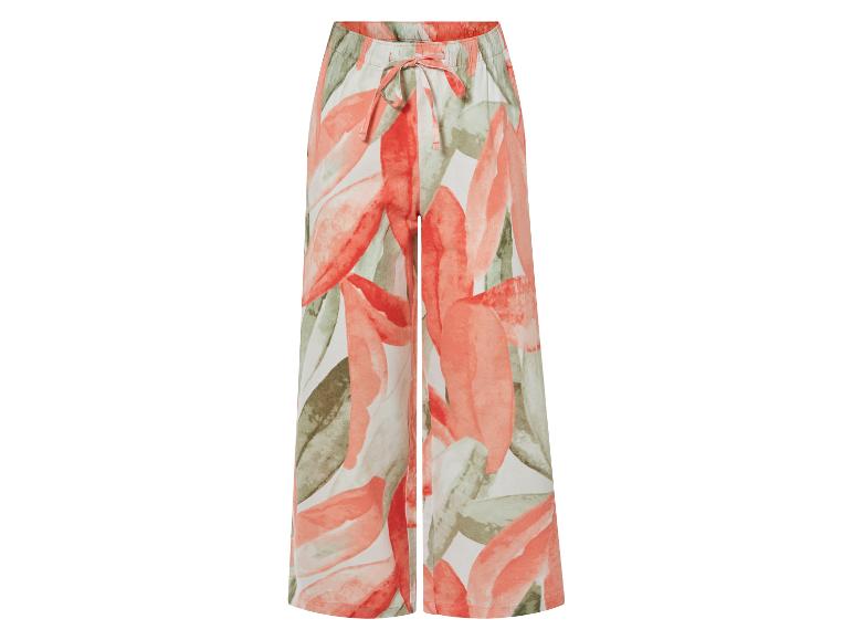 Weite Hose mit floralem Muster in Koralle und Grün.