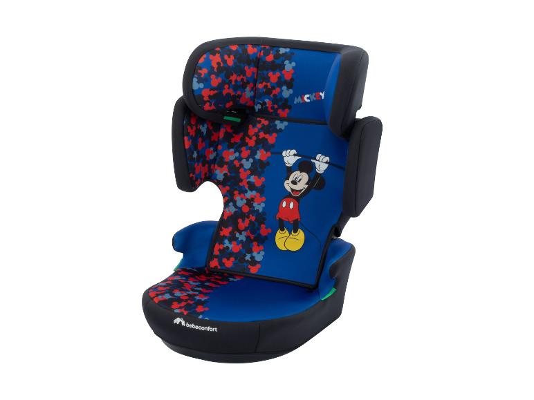Blauer Kindersitz mit Micky-Maus-Kopfmuster und „Mickey“-Schriftzug