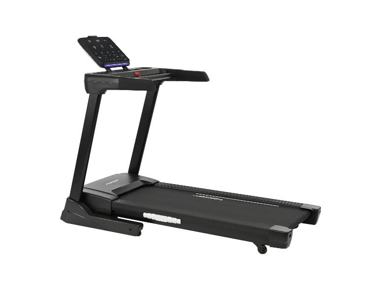 Schwarzes Laufband mit digitalem Bedienfeld und Griffen.