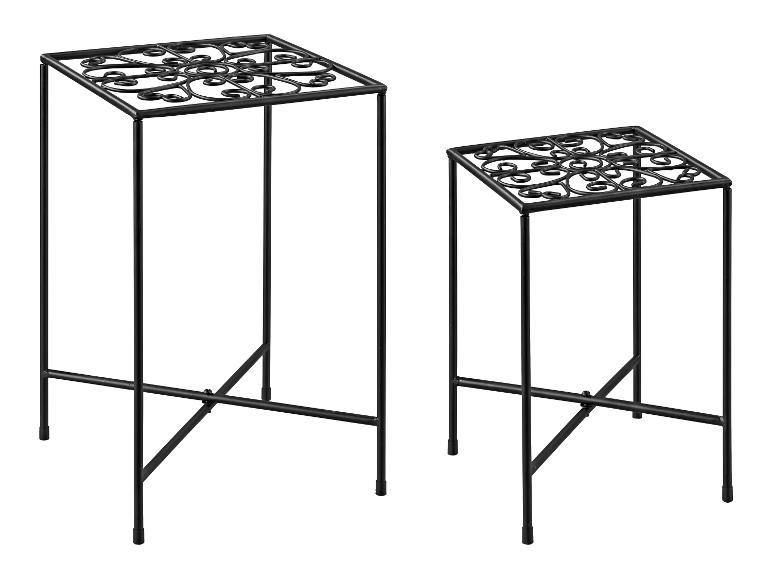 Zwei schwarze Metall-Pflanzenständer mit filigranem Design.