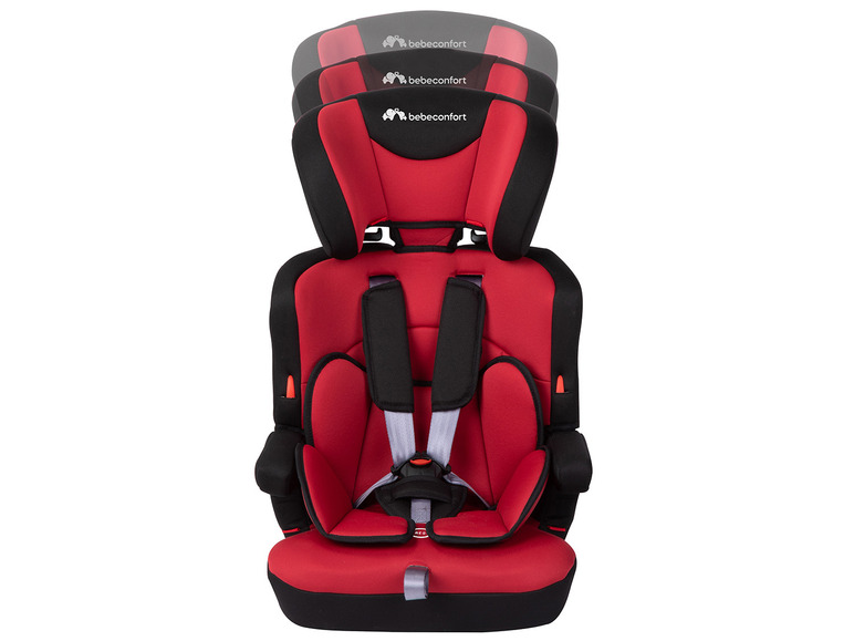 Ein roter Bebekcomfort-Autositz mit verstellbarer Kopfstütze.