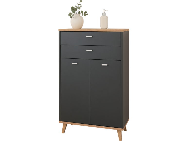 Schwarzer Schrank mit Schubladen und Türen, mit Holzplatte und Beinen, verziert mit Vase und Seifenspender.