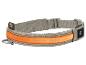 Graues Hundehalsband mit orangefarbenem Leuchtstreifen und Ein-/Ausschalter.