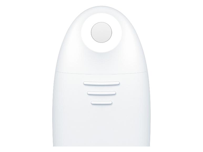 Weißes Digitalthermometer mit Taste und Designdetails.