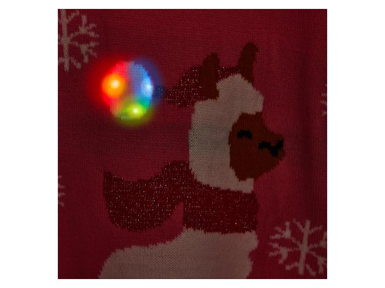 Roter Weihnachtspullover mit Lama-Design und bunten Blinklichtern