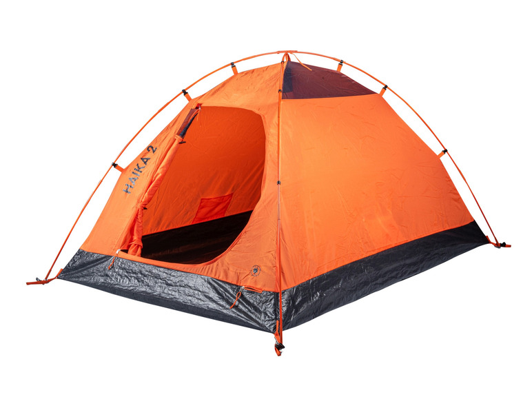 Ein orangefarbenes Haika 2 Zelt zum Campen.