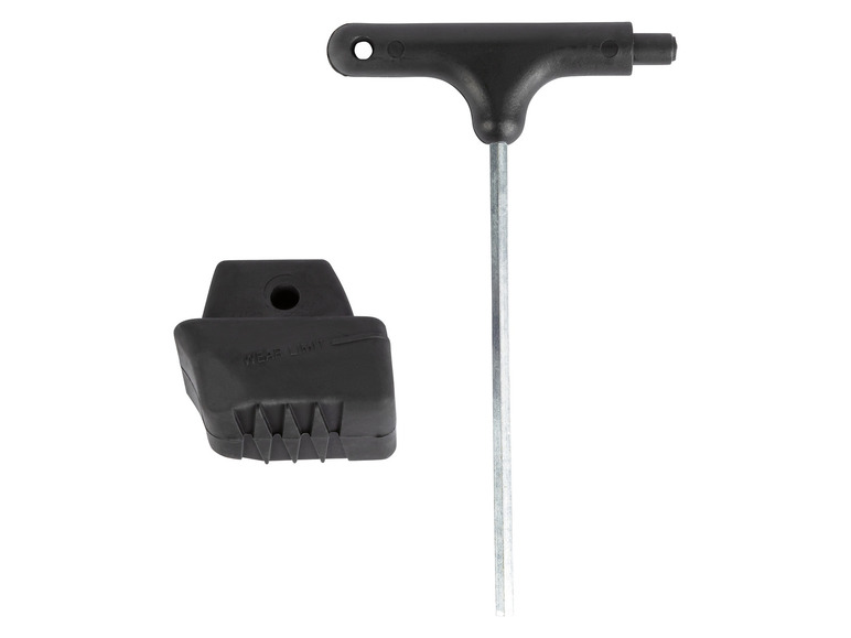 Ein schwarzer Schraubendreher mit T-förmigem Griff und einer schwarzen Gummifuß mit der Aufschrift 'Wear Limit'.