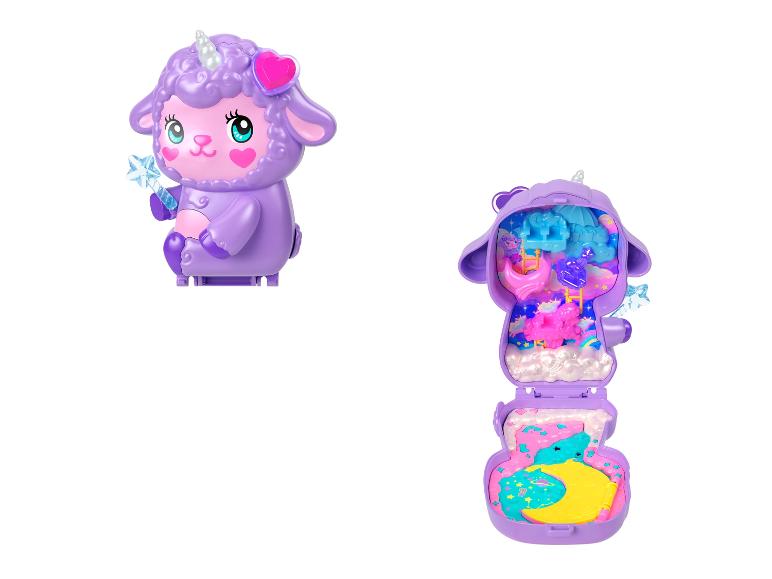 Ein lila Einhorn-Lamm-Spielzeug, das sich öffnet und ein farbenfrohes Spielset enthüllt.