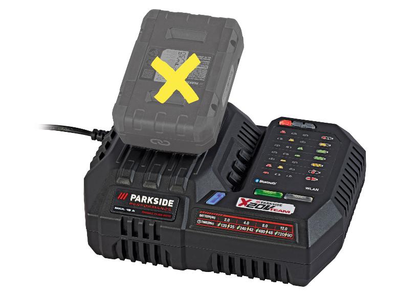 Ein Parkside Smart-Akkuladegerät mit Akku, das Ladezeiten und Akkustatus anzeigt.