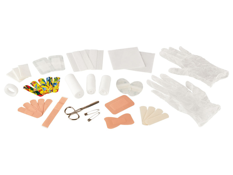Erste-Hilfe-Set mit Verbänden, Pflastern, Handschuhen und anderem Zubehör.