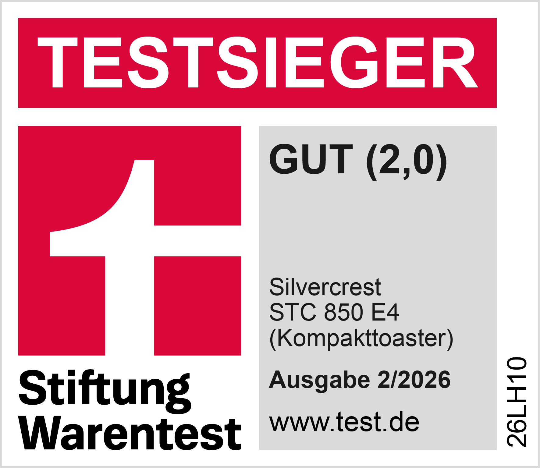 Qualitätssiegel: „TESTSIEGER“, „GUT (2,0)“, Ausgabe 2/2026, www.test.de