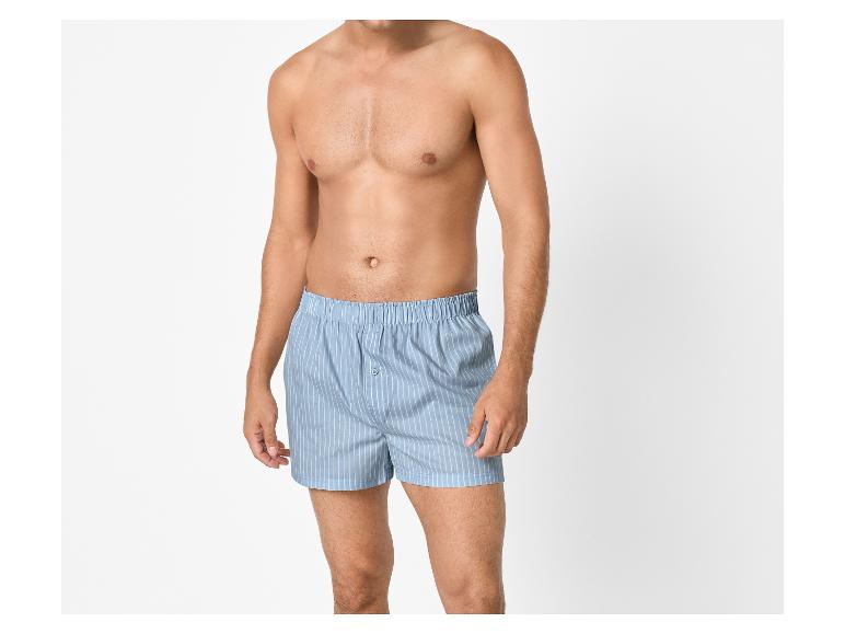 Mann ohne Oberteil, bekleidet mit blau gestreiften Boxershorts.