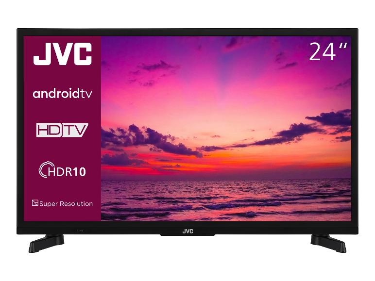 Ein 24' JVC Android TV mit HDR10 und Super Resolution wird gezeigt.
