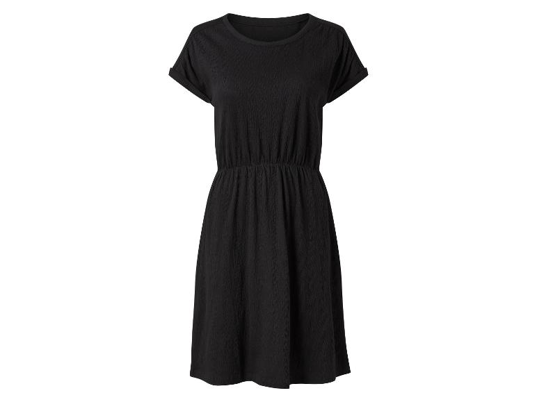 Schwarzes Kurzarmkleid mit Gummibund in der Taille.