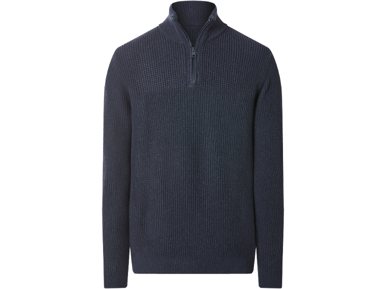 Herren-Strickpullover in Dunkelblau mit halbem Reißverschluss und Rippstruktur.