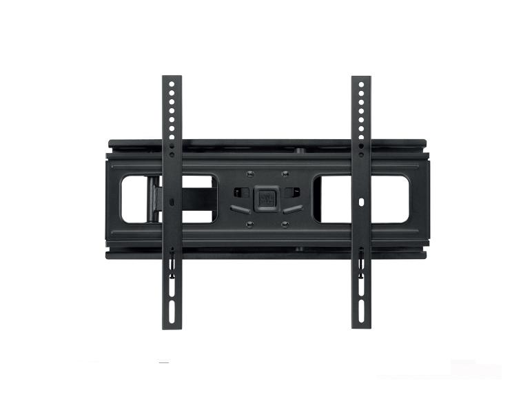 Schwarze TV-Wandhalterung mit verstellbaren Armen.