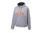 Grauer Hoodie mit orangefarbenem Logo.