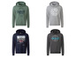Vier verschiedene Hoodies mit Grafikprints, darunter eine mit der Skyline von New York.