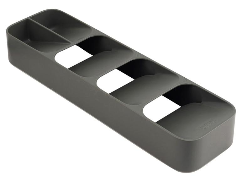 Grauer Kunststoff-Schubladenorganizer mit fünf Fächern.