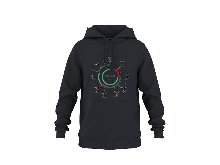 Schwarzer Hoodie mit grafischem Druck, der die Entwicklung von Bohrmaschinen zeigt.
