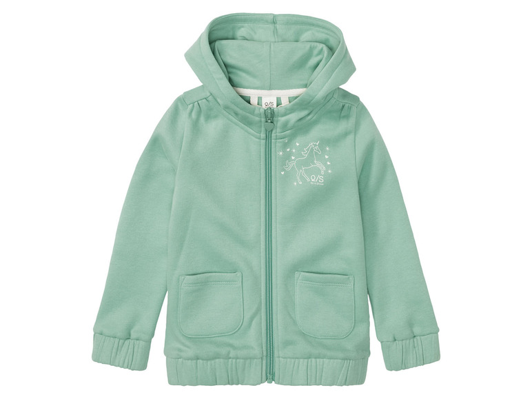 Ein grüner Kapuzenpullover mit Reißverschluss für Mädchen, mit Einhorn-Druck von Q/S by Sergio.
