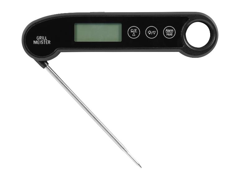 Schwarzes Grill Meister Digital-Fleischthermometer mit klappbarer Sonde und Display.