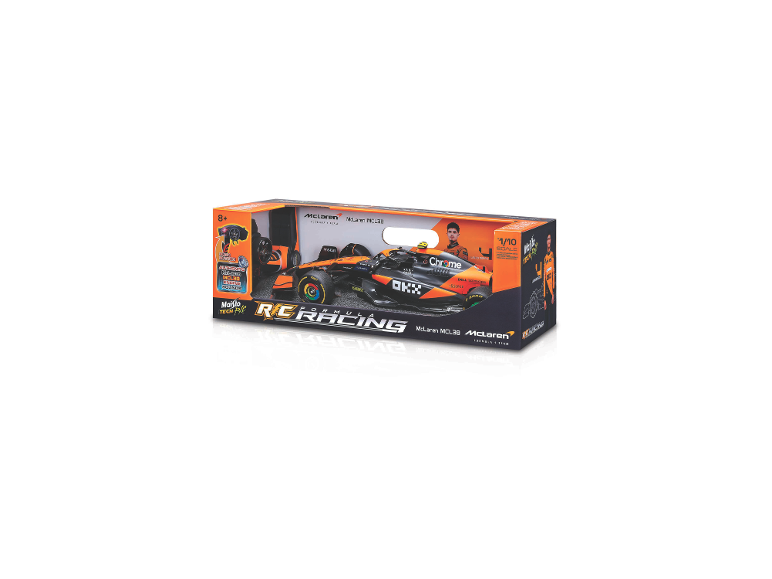 Ferngesteuertes Rennauto in einer Box, mit einem Formel-1-Wagen und Fahrer.