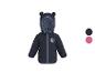 Dunkelblaue Steppjacke für Babys mit Micky-Maus-Aufnäher und gemusterter Kapuze.