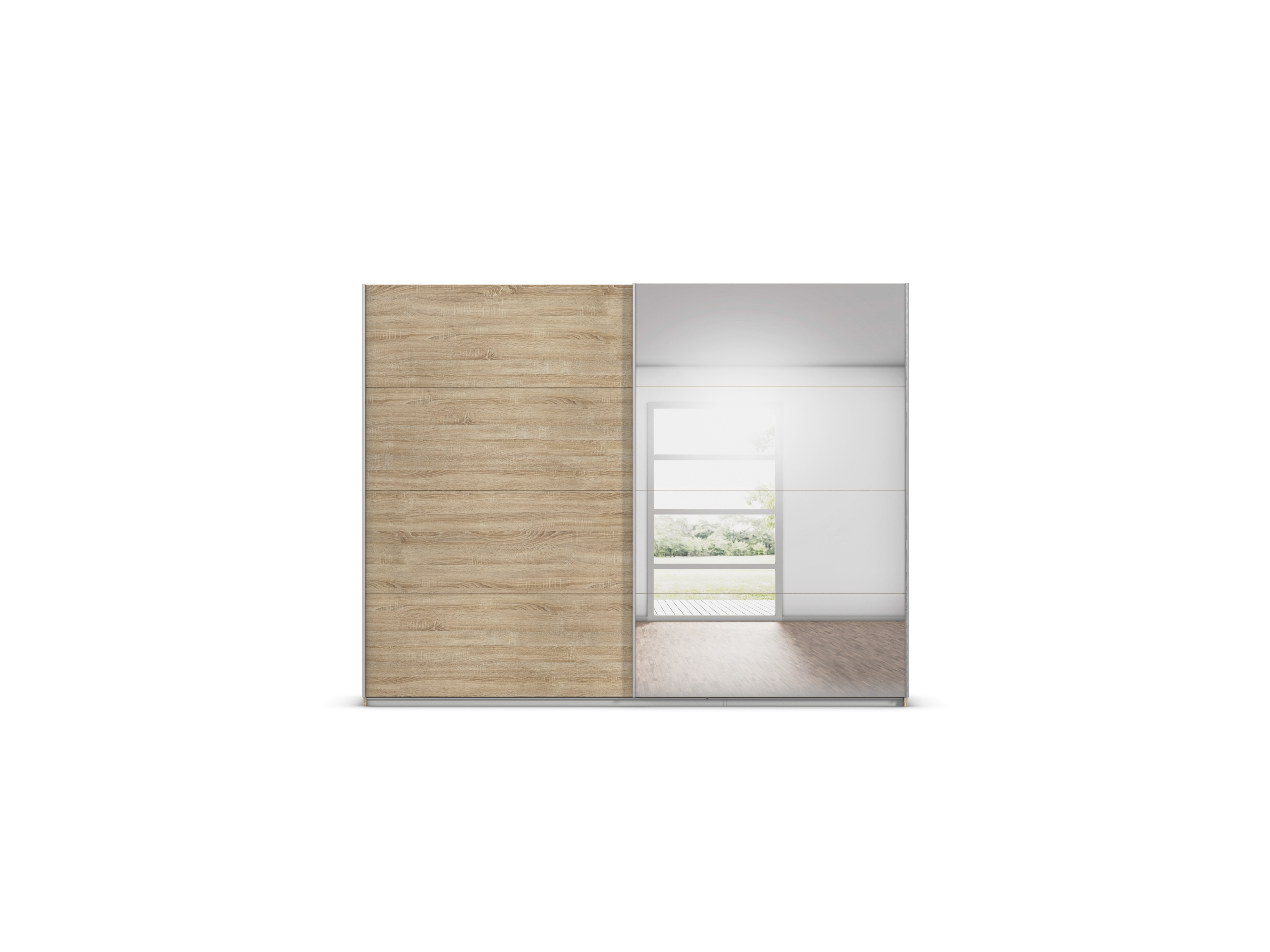 RAUCH ORANGE Quadra Schwebetürenschrank mit Spiegelelementen (Basic-Zubehör, Korpus: Eiche, 271 x 210 cm) – Bild 3 von 4