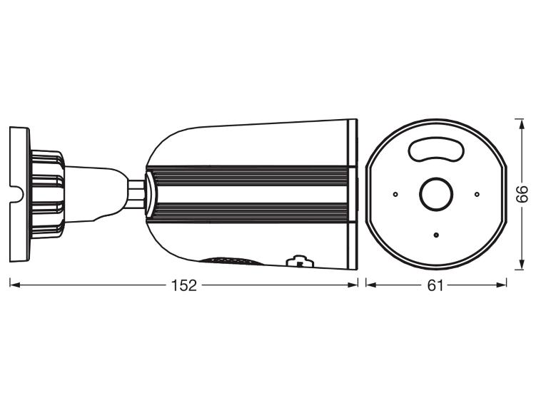 Maßzeichnung einer Überwachungskamera, 152 mm lang, 61 mm breit und 66 mm hoch.