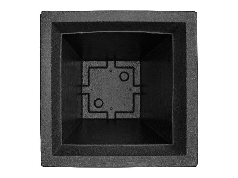 Schwarzer quadratischer Kunststoff-Pflanztopf, Draufsicht.
