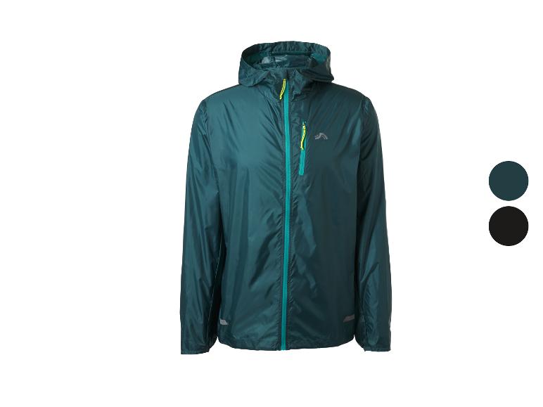 Leichte Herren-Regenjacke in Dunkelgrün mit türkisfarbenem Reißverschluss und gelben Details.