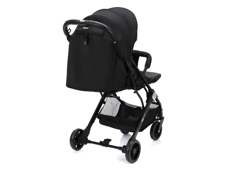 Schwarzer Kinderwagen mit gebogenem Griff und Netz-Aufbewahrungskorb