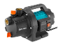 Gardena Wasserpumpe: blauer Motor, schwarzes Gehäuse, Messinganschlüsse.