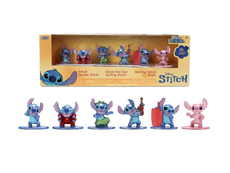 Disney Stitch Metallfiguren-Set, inklusive Stitch, Ukulele Stitch, Roter Anzug Stitch, Surfing Stitch, Tanzender Stitch und Angel.