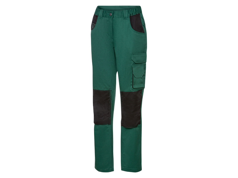 Grüne Arbeitshose mit schwarzen Knieschützern und Seitentaschen.