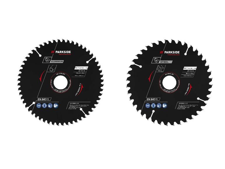 Zwei Kreissägeblätter, eines für Aluminium und eines für Stahl, mit Spezifikationen.