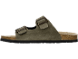 Olivgrüne Zweiriemen-Sandalen mit Schnallen, Korksohle und schwarzem Profil.