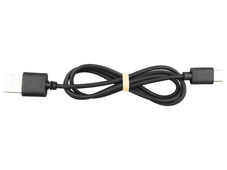 Schwarzes USB-Kabel mit USB-A- und USB-C-Anschluss, mit Gummiband zusammengebunden.