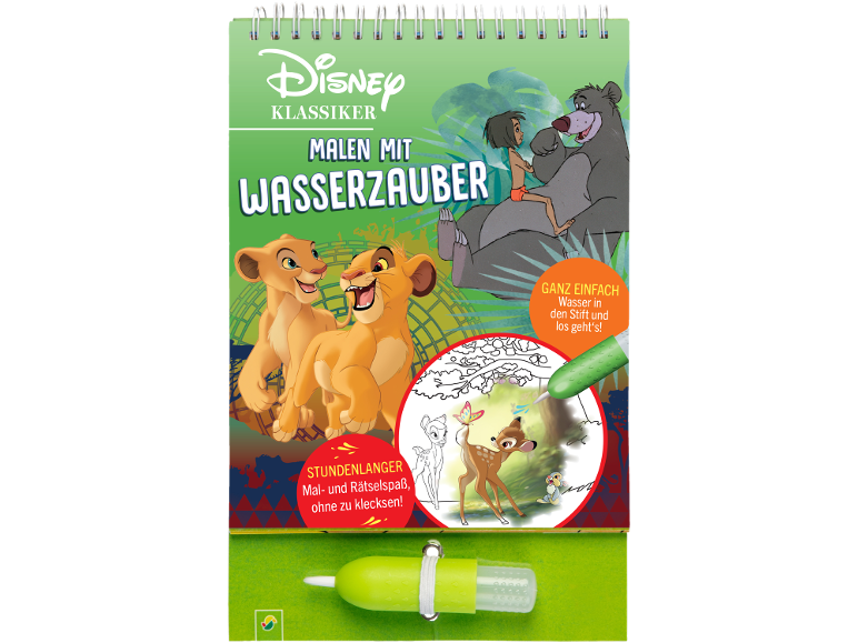 Wasser-Malbuch mit grünem Einband und Zeichnungen von Tieren und Figuren.