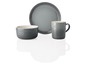 Eine graue Schüssel, eine Tasse und ein Teller von Le Creuset.