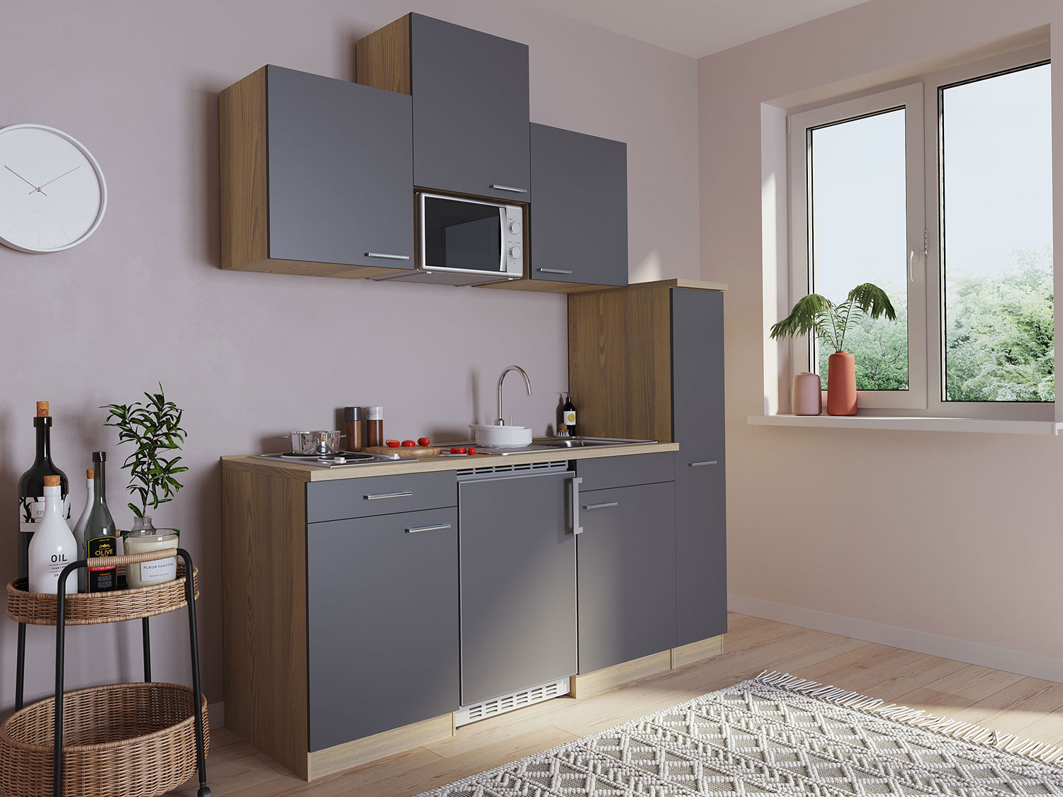 RESPEKTA Singleküche Eiche Sonoma Sägerau 150/160/180cm (mit Mikrowelle, grau mit Kochmulde, Breite 180cm) – Bild 2 von 4