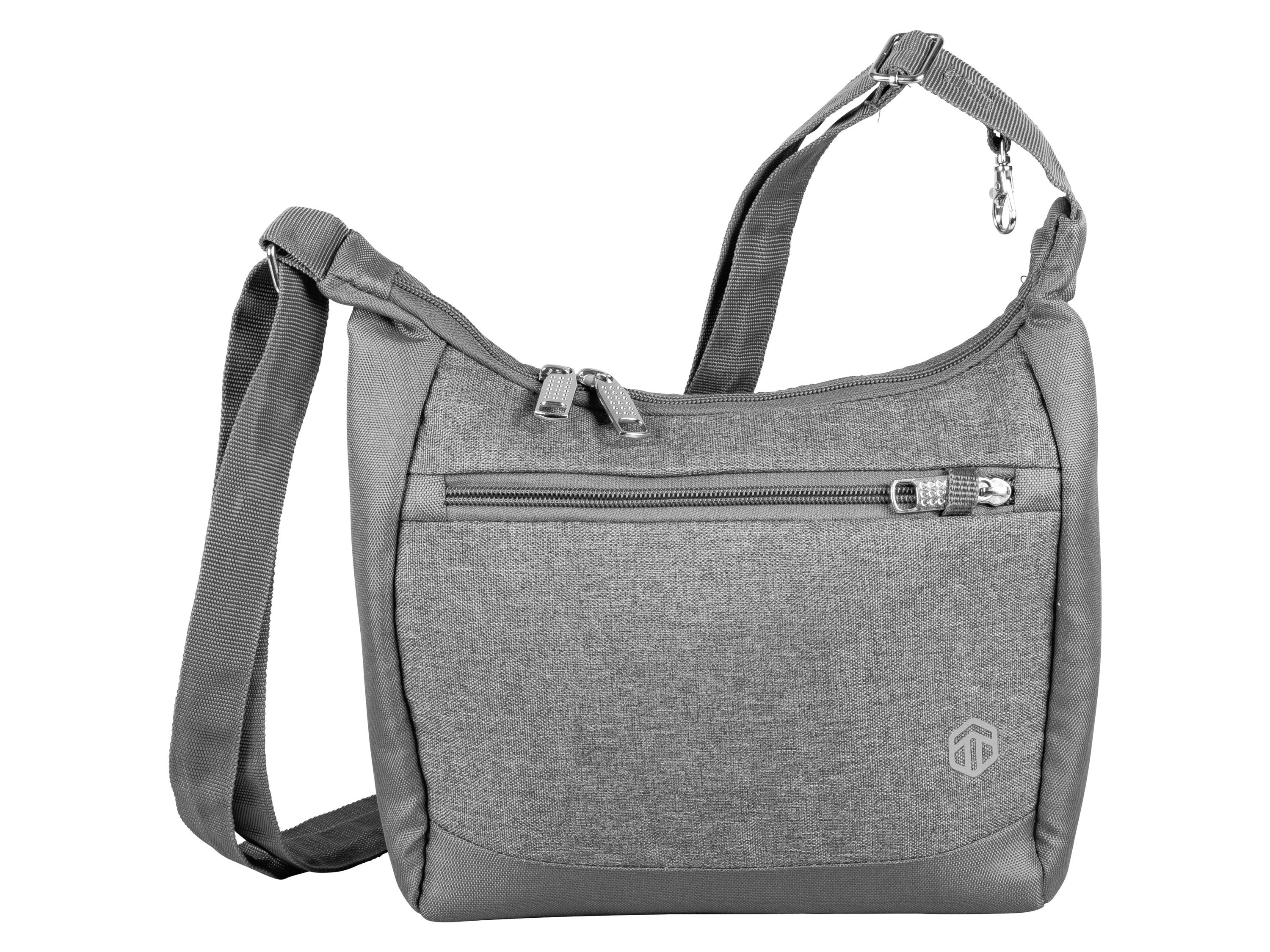 TOPMOVE® Taschen mit Diebstahlschutz (Reise Handtasche, Grau)““ | Bankkarten, Ausweisen u. v. m. Mit Sicherheitsausstattung und elektronischem Ausleseschutz. Frontmaterial mit schnitthemmendem Gewebe gegen leichtes Auftrennen. Längenverstellbarer Gurt mit Metallverstärkung erschwert Durchtrennen. Karabinerhaken zum Sichern der Reißverschlüsse. 2 Fächer mit Organizer-Ausstattung sowie Netz- und Reißverschlussfach. 2 Steckfächer mit RFIDSchutz – verhindert das Auslesen von Bankkarten, elektronischen Geräten oder Personalausweis. Gepolstertes Innenfach – passend für bis ca. 20,1 cm 7