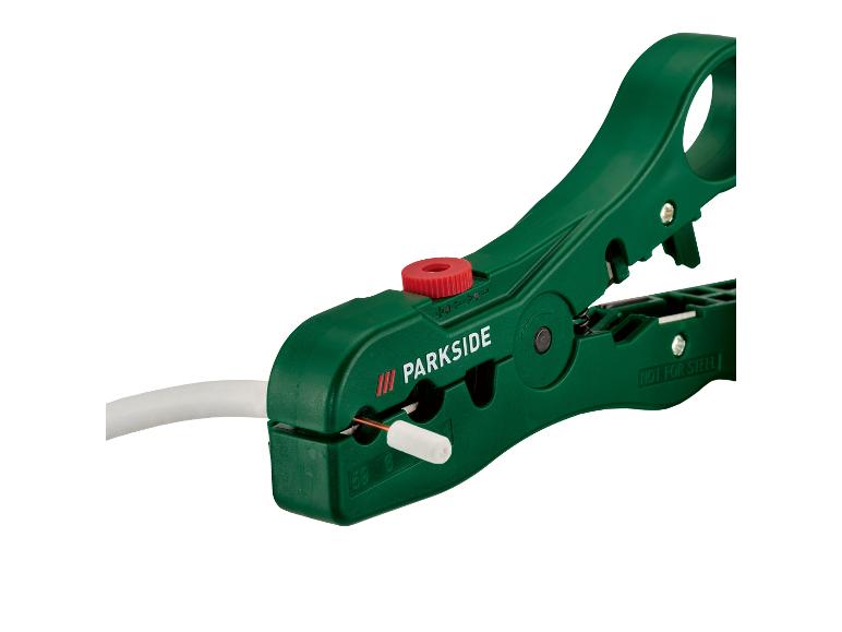 PARKSIDE automatische Abisolierzange in Grün mit einem weißen Kabel